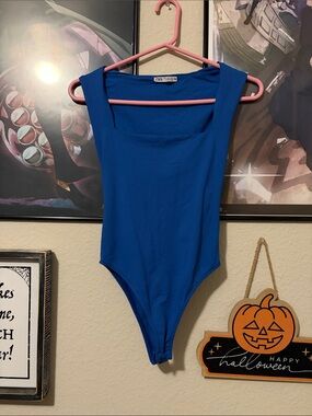 ZARA blue square neck bodysuit